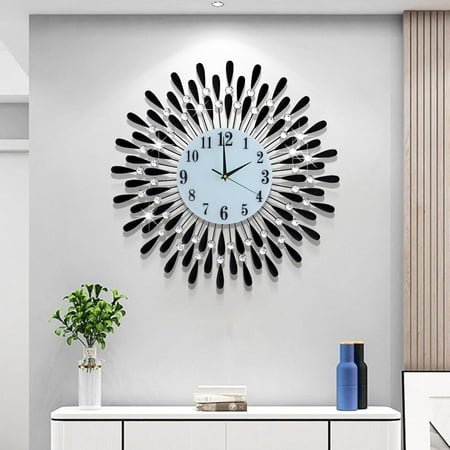 24 INCH Large Wall Clock for Living Room Decor,Non-Ticking Quiet Metal Petals Dial Glass Big Wall Clocks Black for Bedroom,bedrooms Kitchen and Small Space Decoration