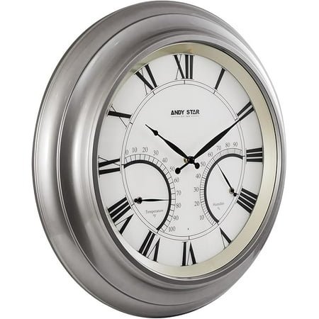 24 Inch Outdoor Clocks Waterproof,Large Outdoor Wall Clocks for Garden Patio Pool, Weatherproof Illuminated Metal Clock Battery Operated with Thermometer&Hygrometer, Silver Non Ticking