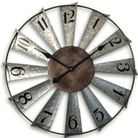 24inch Windmill Distressed Metal Wall Clocks Rustic Large Decorative Clock Oversized Farmhouse Decor,Non Ticking,Battery Operated