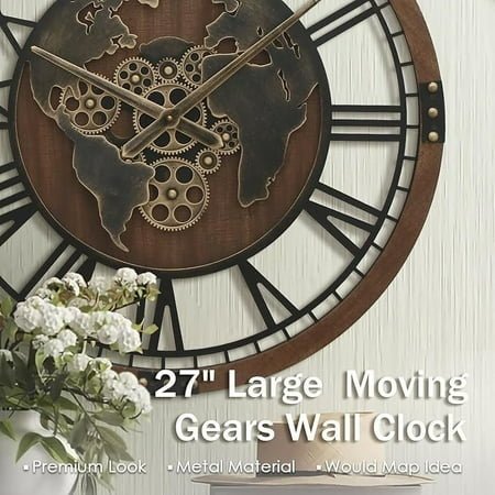 27 Inch Grand Gear Wall Clock with World Map Oversized Brown Moving Gears Vintage Wood Frame Silent Battery Operated Mechanical Timepiece for Office and Living Room