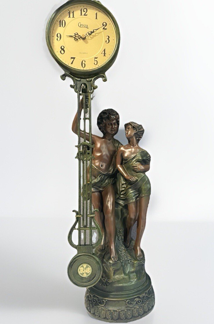 28” Tall VTG Crosa Clock Neoclassical Bronzed Statue Pendulum Clock WORKS MCM