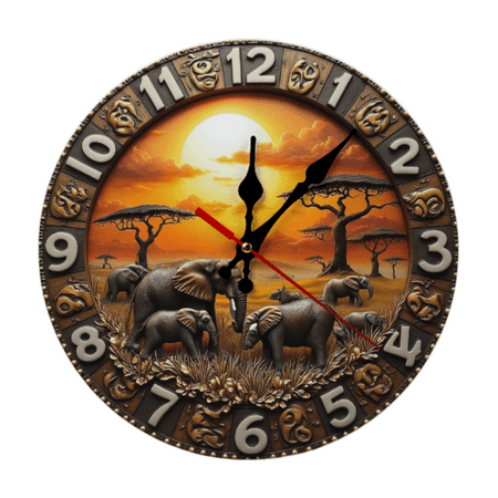 2D African Elephant Sunset Wall Clock 10-Inch Wooden Wall Clock, Silent Movement, Artistic Home Decor, Ideal for Home Accents for Home Accents.Entryway Decor Unique Gift (AA Battery Not Included)