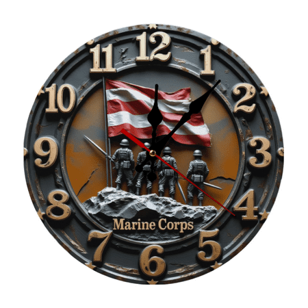 2D Marine Corps Commemorative Wall Clock with American Flag and Soldier Silhouette, Suitable for Living Room, Bedroom, Office, 10-Inch (AA Batteries Not Included)