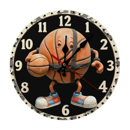 2D Silent Non-Luminous Wall Clock - Cartoon Basketball Player Design with Sports Theme, Wooden Quartz Movement for Living Room, Bedroom, Office, Sports Fan Gift, 10-Inch(AA Battery Not Included)