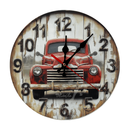 2D Vintage Red Truck Silent Wooden Wall Clock - Classic Car-Themed Decor, Rustic Distressed Design Perfect For Home Or Garage10-Inch(AA Battery Not Included)