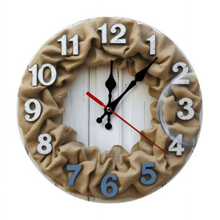 2D Wooden Vintage Burlap Wall Clock with Shabby Chic Numbers ,Rustic Vintage Shabby Chic Home Decor for Featuring a Burlap Wreath Design And Beige White Blue Color Scheme.10 Inch(AA Not Included)
