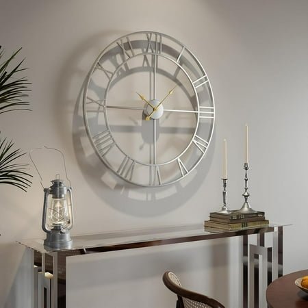 30 Inch Large Wall Clock, Modern Silver Metal Big Decorative Wall Clock Home Decor, Battery-Operated Roman Numeral Analog Metal Round Wall Clocks for Living Room, Bedroom, Office