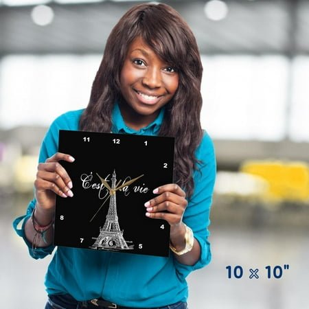 3dRose, French black and white Eiffel Tower, 10x10 Wall Clock
