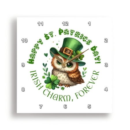 3dRose, Irish charm, forever. Happy St. Patricks day and a cool funny owl, 13x13 Wall Clock