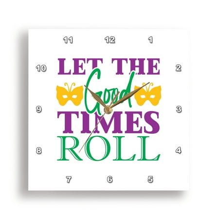 3dRose, Let the good times roll elegant Mardi Gras text, yellow masks gift, 10x10 Wall Clock