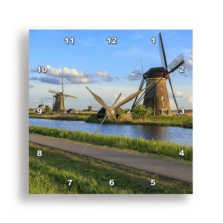 3dRose, Netherlands, Holland. Windmills and canals near Alkmaar., 13x13 Wall Clock