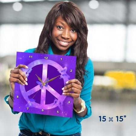 3dRose, Universe Peace Sign Purple Butterflies- Inspirational Art, 15x15 Wall Clock