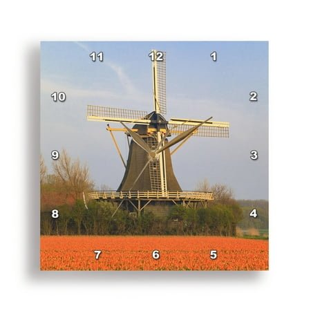 3dRose, Windmill and tulip fields. Het Zand, North Holland, Netherlands., 10x10 Wall Clock