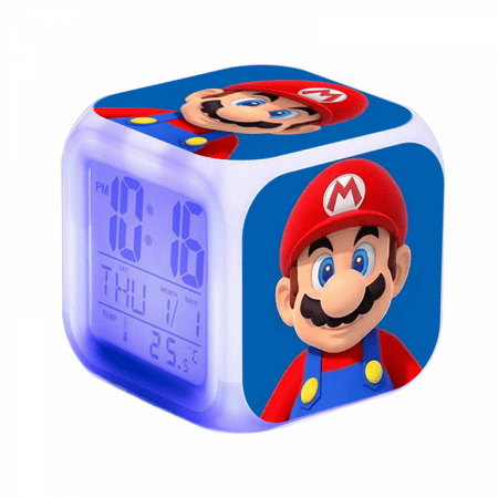 3＂LED Alarm Clock Cartoon Super Mario Pattern Desk Table Glowing Electronic Colorful Digital Clock for Girl Boy Kids Children Bedroom Toy Birthday Present Gift