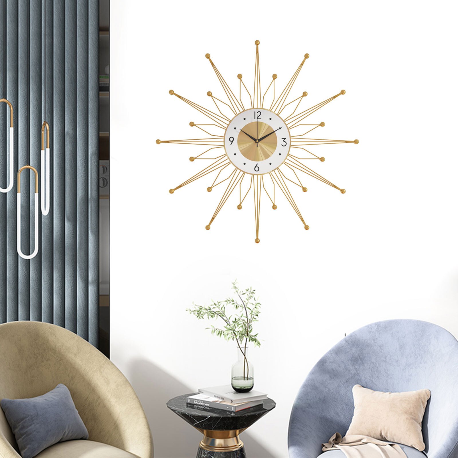 50CM Retro Metal Art Sunburst Clock Mid Century Modern Wall Vintage Clock Decor