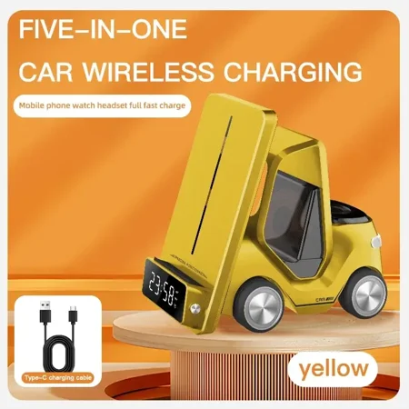 5 In 1 Phone Holder Wireless Chaarger Stand Alarm Clock for IPhone15 14 13 12Pro Max iWatch8 7 6 5 Airpods Fast Charging Station (Yellow)
