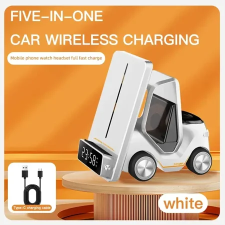 5 In 1 Phone Holder Wireless Chaarger Stand Alarm Clock for IPhone15 14 13 12Pro Max iWatch8 7 6 5 Airpods Fast Charging Station (White)