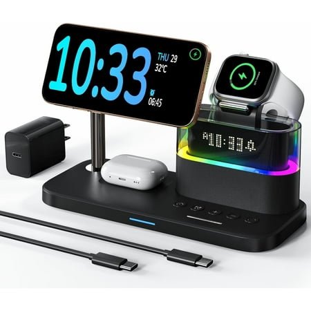 5 in 1 Wireless Charger with Alarm Clock for Apple Multiple Devices,Bedside Night Light Nightstand Mag-Safe Charging Station for iPhone 16/15/14/13/12,Apple Watch,Air-Pods(Black)
