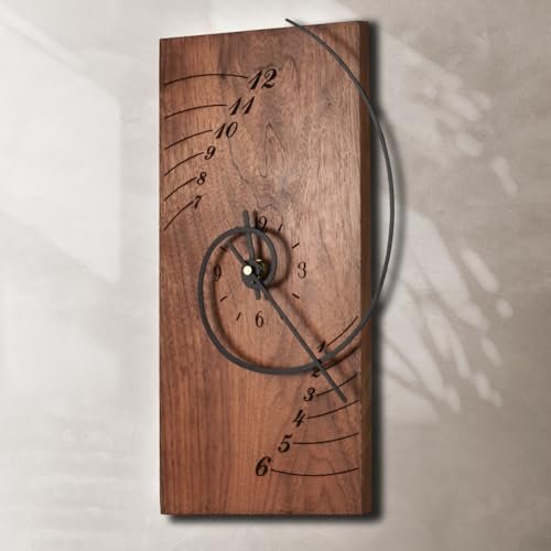 ACODE 14 Inches Wooden wall clock, Fibonacci curve Rectangular Wall Clock Battery Operated Silent Non-Ticking, Walnut clock dial with Black spray metal pointer Use as Wall Decor,Decorative Table clock