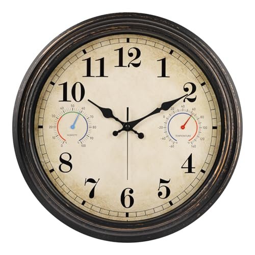 Alarllok 16 Inch Large Outdoor Clock with Thermometer and Hygrometer Combo, Waterproof Indoor Outdoor Wall Clocks for Patio, Pool,Garden Decor- Retro Bronze