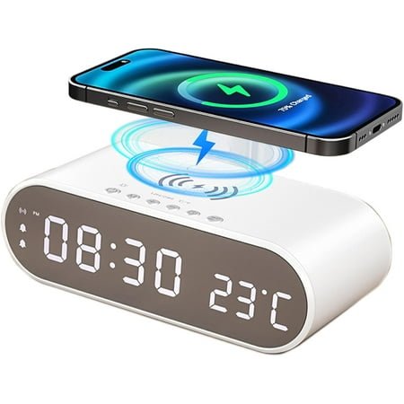 alarm clocks for bedrooms with phone charger，Small digital desktop clock with temperature display，Alarm clock with wireless charging station，Cute alarm clock with iPhone charging dock(White) (white)