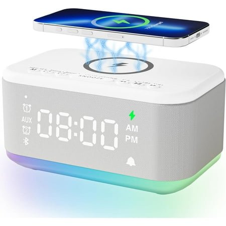 Alarm Clock Speaker Wireless Charger, Digital Alarm Clocks Bedrooms Bluetooth, Alarm Clock Dimmable Light Bedrooms Dual Alarm Snooze Dimmer 12 24H RGB Night Light Bluetooth USB AUX, Gray