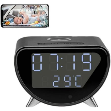 Alarm Clock with Small Camera, 4K HD Cam Multi-Functional Alarm Time & Temperature Display Wireless Charge, Motion Detection Desktop Camera Clock for Home & Office Use(No Audio)