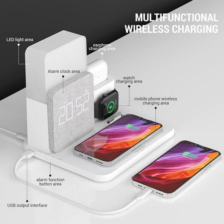 Alarm Clock with Wireless Charger, Night Light, Wireless Charging Station, 3 in 1 Charging Station, iPhone 12/13/14/15/16 Pro/13 Mini/13 Pro Max/12 pro, AirPods
