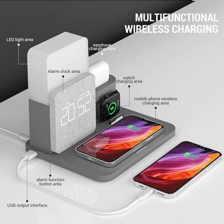 Alarm Clock with Wireless Charger, Night Light, Wireless Charging Station, 3 in 1 Charging Station, iPhone 12/13/14/15/16 Pro/13 Mini/13 Pro Max/12 pro, AirPods