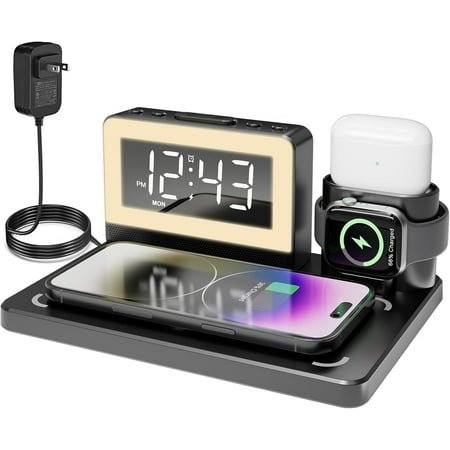 Alarm Clock with Wireless Charging, 7 Color Night Light, 6 in 1 Wireless Charger for Apple, Charging Station for iPhone 16/15/14/13/12/11/Pro Series, for Apple Watch, for Airpods