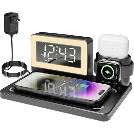 Alarm Clock with Wireless Charging, 7 Color Night Light, 6 in 1 Wireless Charger for Apple, Charging Station for iPhone 16/15/14/13/12/11/Pro Series, for Apple Watch, for Airpods