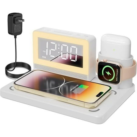 Alarm Clock with Wireless Charging, 7 Color Night Light, 6 in 1 Wireless Charger for Apple, Charging Station for iPhone 16/15/14/13/12/11/Pro Series, for Apple Watch, for Airpods