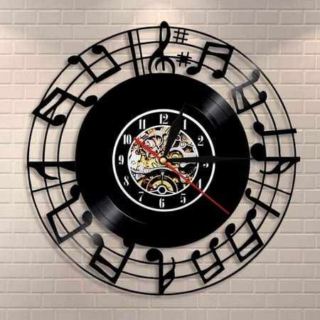Amblelife Musical Notes Clef Music Studio Home Decor Bedroom Interior Wall Clock Music Icons & Symbols Rock n Roll Vinyl Record Wall Clock