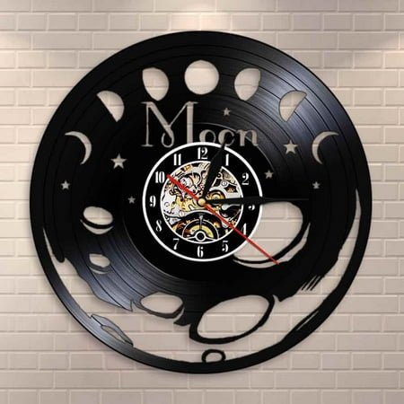 Amblelife Phase of The Moon Vintage Vinyl Record Wall Art Bedroom Silent Wall Clock Space Moon Home Decor Celestial Lunar Phase Wall Watch