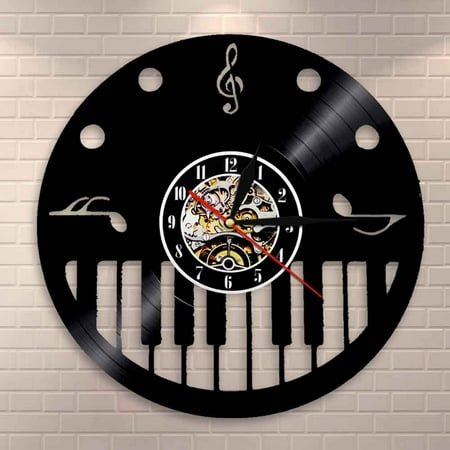 Amblelife Piano Keys and Treble Clef Vinyl Record Wall Clock Pianist Musical Artist Studio Room Wall Decor Vintage Clock Piano Wall Art