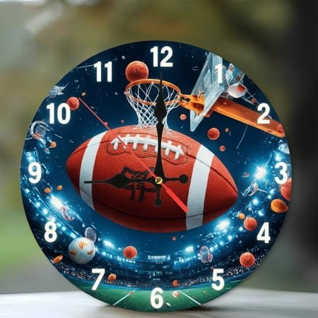 American Football Basketball Sports Wall Clock Unique Gift Decor 10-Inch Silent Wooden Wall Clock, Battery Operated (AA Batteries Not Included), Artistic Home Decor