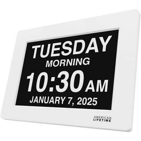 American Lifetime 2025 Dementia Clock Large Display Digital Clock with Day, Date & Custom Alarms, for Seniors & Alzheimer’s, Auto-Dimming, Multi-Language, White