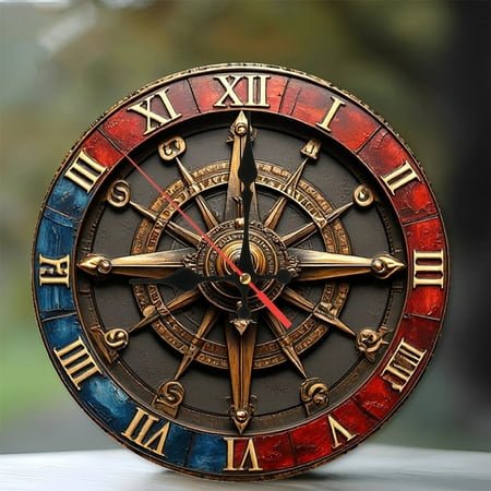Antique Brass Compass Clock Wall Decor 12-Inch Silent Wooden Wall Clock, Battery Operated (AA Batteries Not Included), Artistic Home Decor