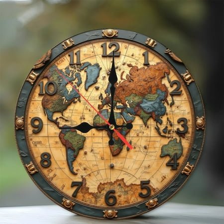 Antique World Map Wall Clock Vintage Decorative Home Decor 10-Inch Silent Wooden Wall Clock, Battery Operated (AA Batteries Not Included), Artistic Home Decor