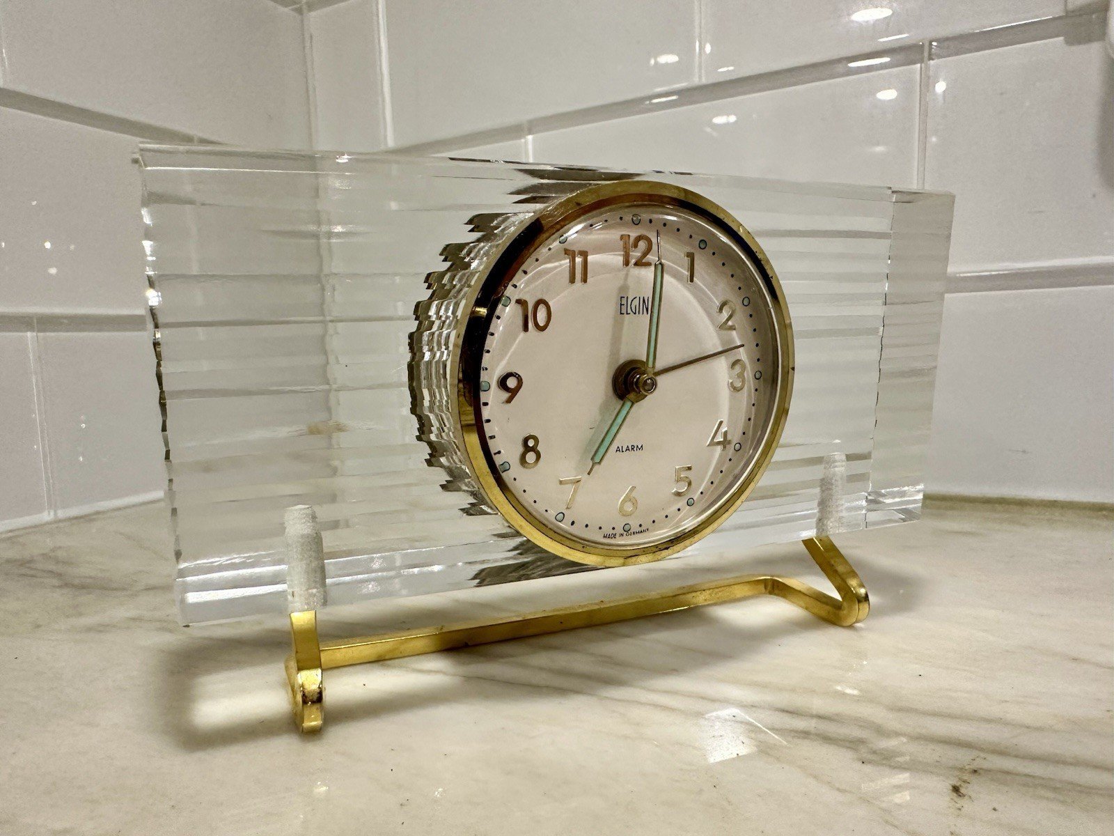 Art Deco Elgin Crystal Alarm Clock Windup Germany Glow In The Dark Hands MCM