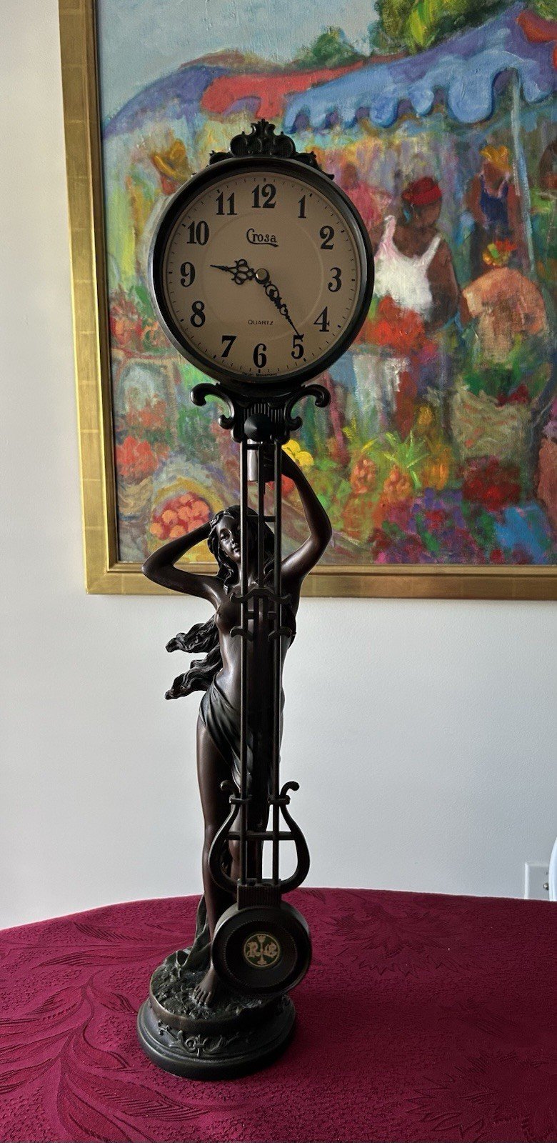 Art Nouveau, Crosa Goddess of Time Pendulum Clock, Bronzed Resin Sculpture