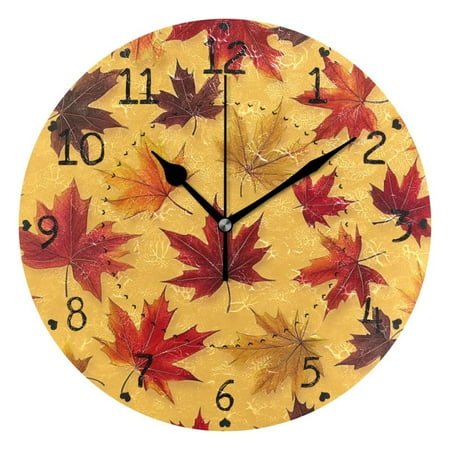 Autumn Maple Leaves Round Wall Clock Silent Battery Operated Home Decor for Living Room Bedroom