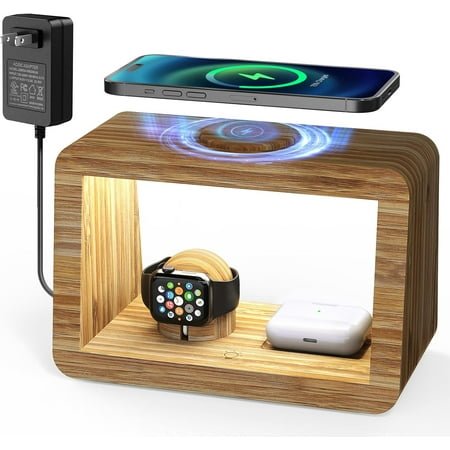 Bamboo Wireless Charging Station,Wireless Charger with Digital Alarm Clock and Night Light, Fast Charger Stand for iPhone 15/14/13/12/11 Pro Max/X/Xs, AirPods Pro, iWatch Series 8/7/6/5/SE
