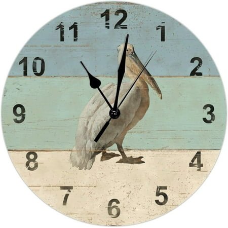 Beach Brown Pelicans Wall Clock Nautical Themed Clock Retro Weathered Boards Wooden Wall Clocks Battery Operated 15 Inch Non-Ticking Retro Home Decor Wall Decor for Kitchen Living Room Bedroom Office
