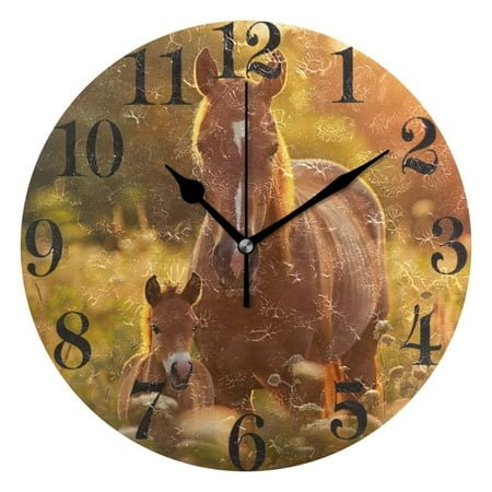 Beautiful Brown Horse Wall Clock 9.8 inch Battery Operated Clocks Non-Ticking Silent for Bedroom Office Kitchen Living Room