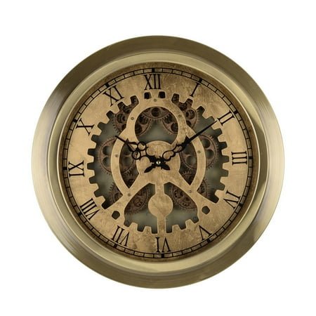 Benjara Reny 18 Inch Round Wall Clock, Gear Design, Roman Analog, Gold Bronze