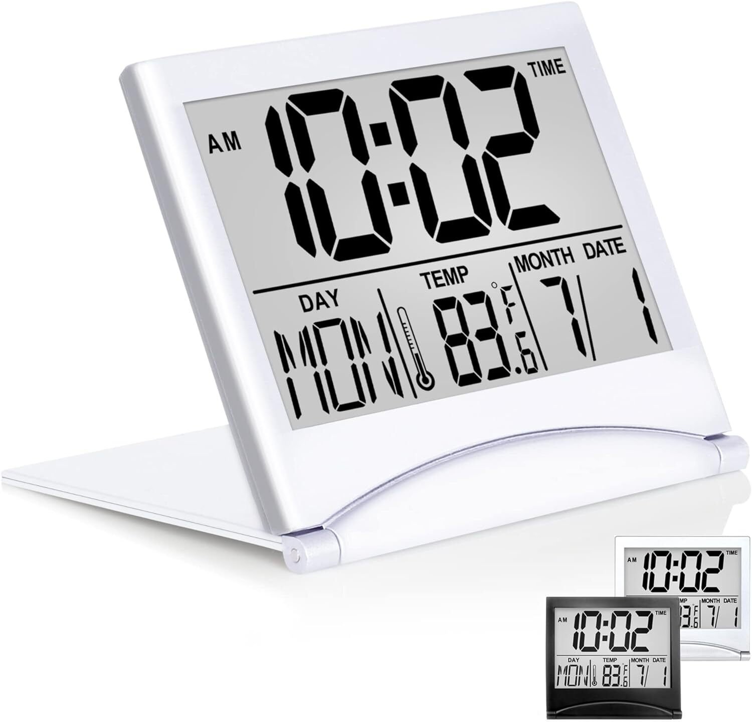 Betus Digital Travel Alarm Clock - Foldable LCD Clock Compact Desk Clock Silver