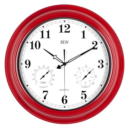 BEW Outdoor Clocks Waterproof, 18 in Large Outdoor Clock for Patio w/Thermometer Combo, Silent Battery Operated Decorative Retro Outside Wall Clock for for Fence, Garden, Poolside, Backyard-Red