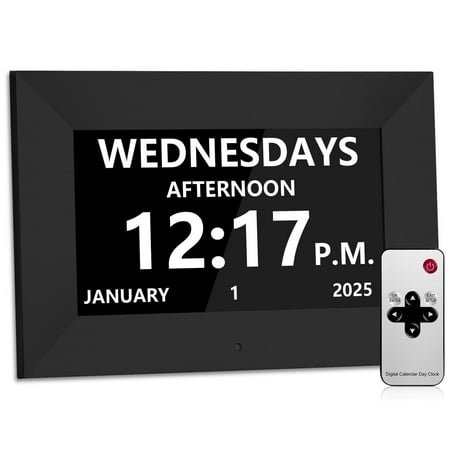 Bgift 7'' Black Digital Alarm Clock with Date and Day of Week for Seniors-12 Alarms 20 Reminder Digital Calendar Auto Dimmable Perfect for Elderly