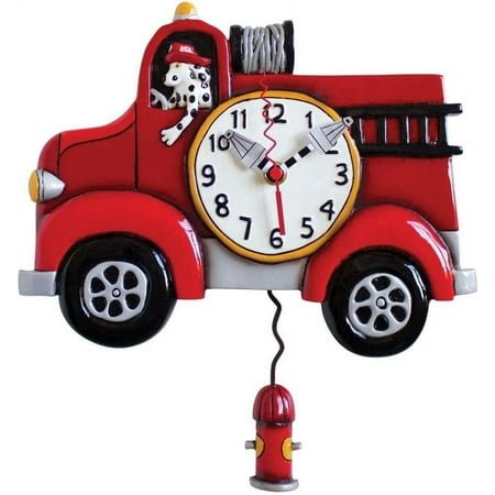 Big Red Firetruck with Dalmatian Dog Sculpted Pendulum Wall Clock, 11.25 Inch, Multicolor